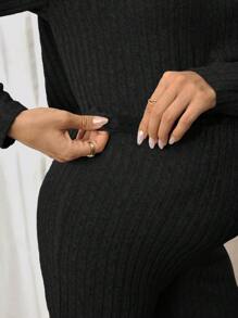 SHEIN 2pcs/Set Maternity Casual Ribbed V-Neck Long Sleeve Top And Pants Set, Autumn - Black - View 3