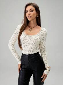 Almamuse 1 pièce Body femme élégant à contraste de dentelle avec col rond et manches longues