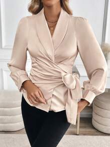 SHEIN Clasi 女士缎纹衬衫，优雅工作服，香槟色，柔软高档缎纹面料，环绕式领带，长袖