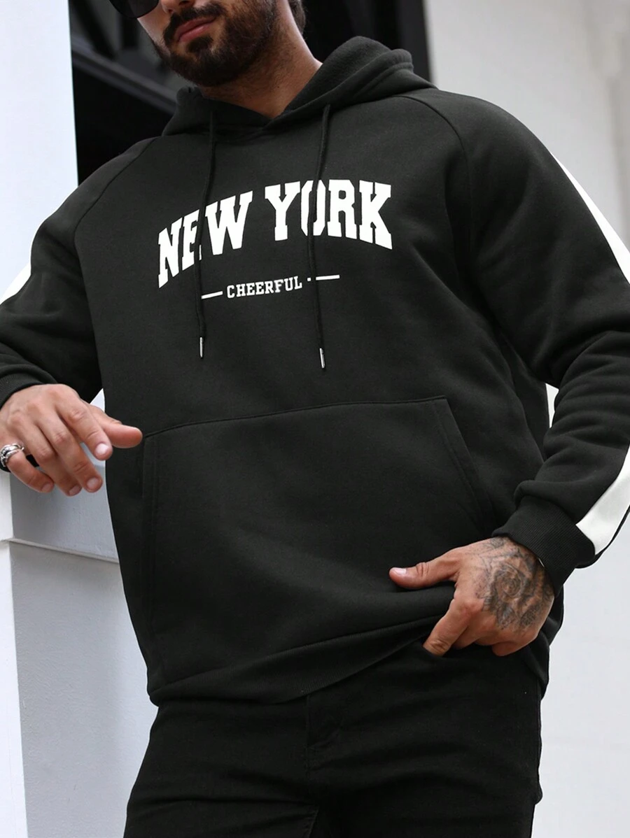 Manfinity Homme 大码男士休闲街头连帽运动衫，带字母印花、插肩袖、袋鼠口袋、抽绳 - 黑色 - 查看 1