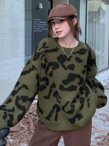 DAZY 女士宽松圆领豹纹套头毛衣 - 彩色 - 查看 6