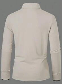 Manfinity Homme 男士休闲拼色口袋长袖纽扣 Polo 衫，秋季，适合外出 - 杏色 - 查看 2