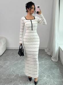 Modelyn 1 Peça Vestido Longo Elegante de Malha Jacquard em Bloco de Cor Abricó para Mulheres, Conjunto Longo de Vestidos de Noite para Mulheres - Damasco - Visão 1