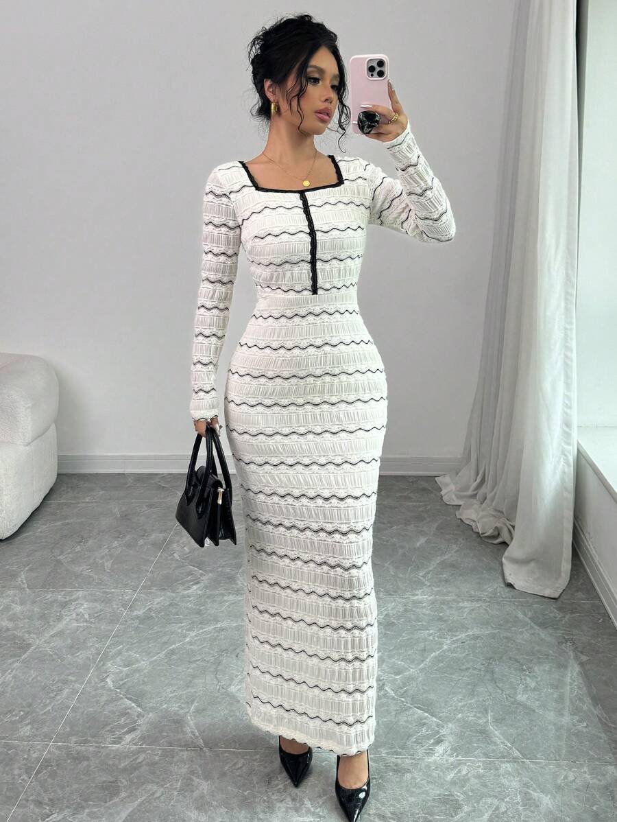 Modelyn 1 Peça Vestido Longo Elegante de Malha Jacquard em Bloco de Cor Abricó para Mulheres, Conjunto Longo de Vestidos de Noite para Mulheres - Damasco - Visão 1