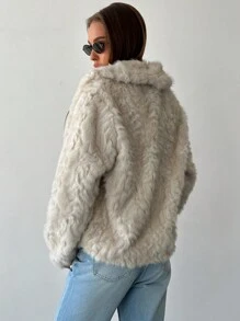 Aloruh Minimalist Commuter Notched Collar Long Sleeve Short Fit Textured Faux Fur Jacket, Autumn/Winter - Apricot - View 2