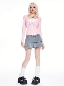 ROMWE Kawaii Áo thun tay dài 2 trong 1 trang trí nơ dễ thương Himekaji cho nữ - Hồng - Xem 4