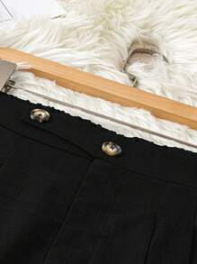SHEIN LUNE Plus Size Solid Color Button Pleated Loose Office Pants - Black - View 3
