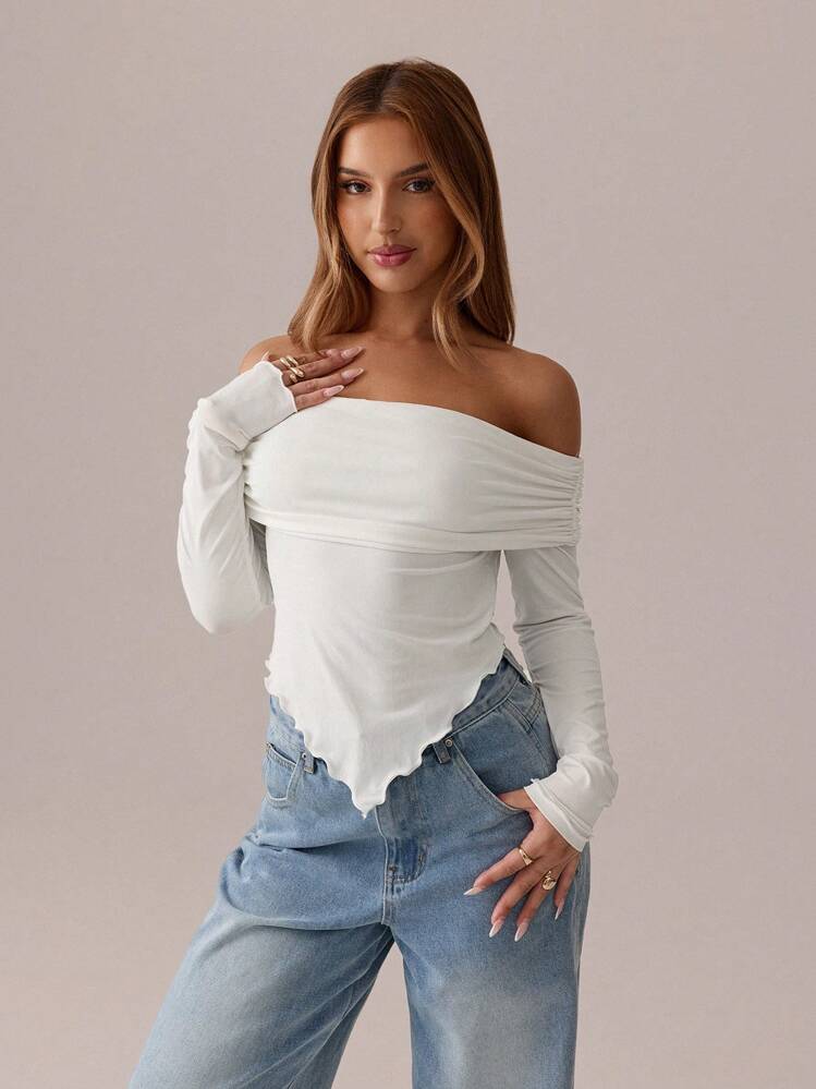SHEIN SXY Blusa blanca; Camiseta de manga larga con pliegues asimétricos de color blanco sólido, para otoño/primavera; Camiseta de punto ajustada de hombros descubiertos para mujer; Adecuado para citas; Salidas diarias - Blanco - Añade 7