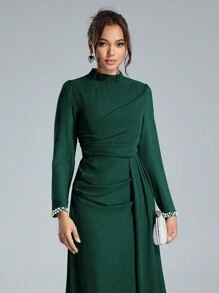 Coutiva 亮片珍珠袖口优雅正式长袖连衣裙，奢华优雅新年女士晚礼服，派对秋冬伴娘礼服，婚礼宾客礼服 - 墨綠色 - 查看 6