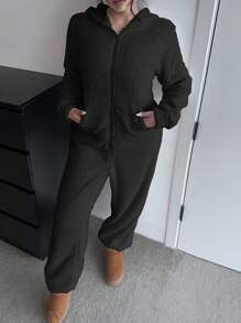 Flirla 2pcs/Set Ladies Casual Warm Fleece Jumpsuit - Black and White - View 3