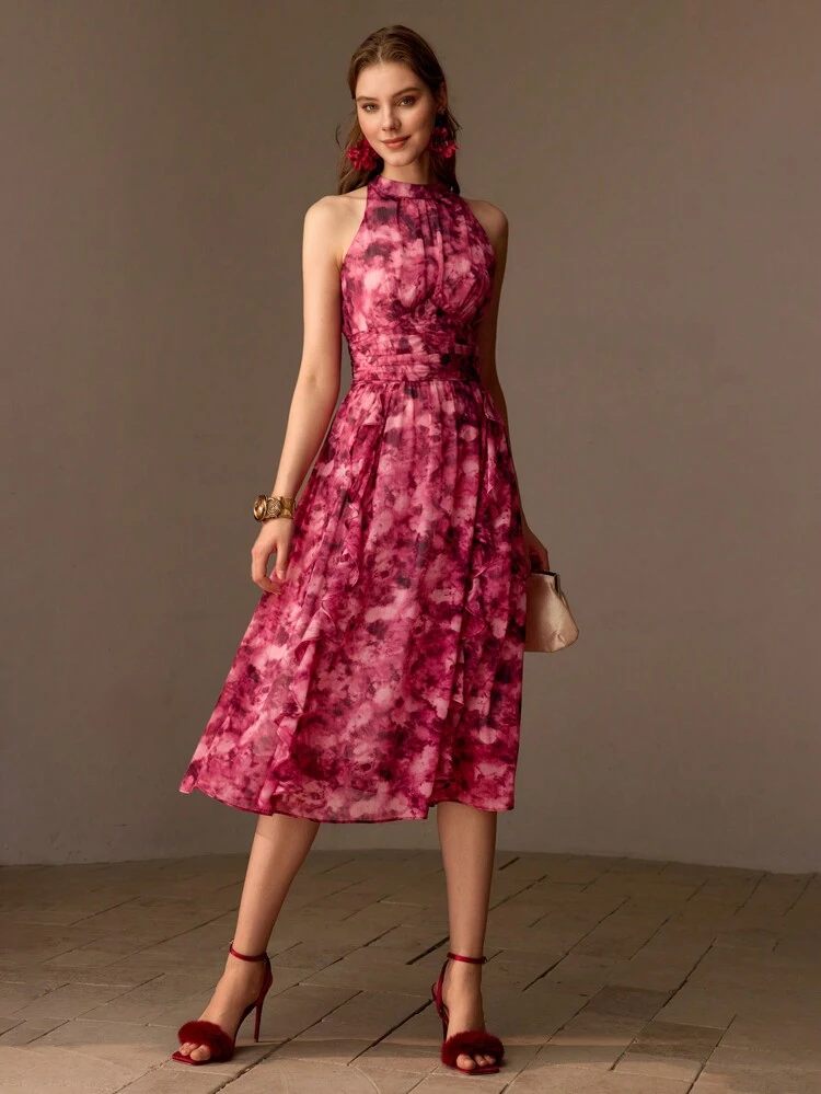 MESH OVERLAY ALLOVER FLORAL PRINT RUCHED WAIST MIDI DRESS BURGUNDY WOMEN OUTFIT