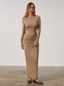 SHEIN Unity Women Long Khaki Sleeve Bodycon Ruched Long Dress, Winter
