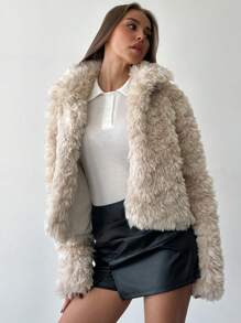 Aloruh Minimalist Apricot Short Fluffy Lapel Long Sleeve Fitted Jacket, Outdoor Warm Wear, Autumn/Winter
