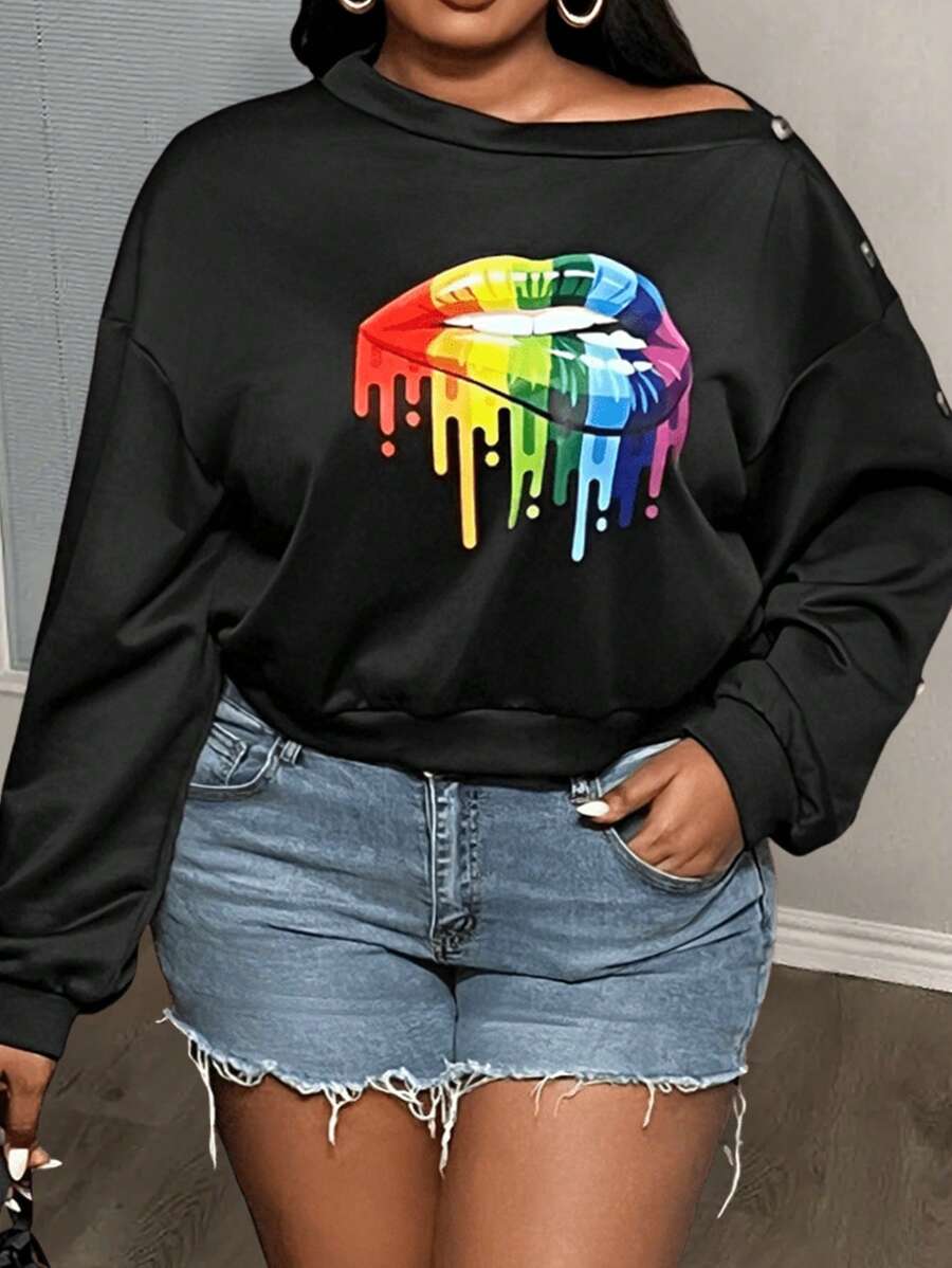 Slaydiva Plus Size Women's Elegant & Casual Fitted Solid Black Oblique Shoulder Buttoned Decor Lip Print Pullover Sweatshirt, Autumn/Winter - Black - View 1