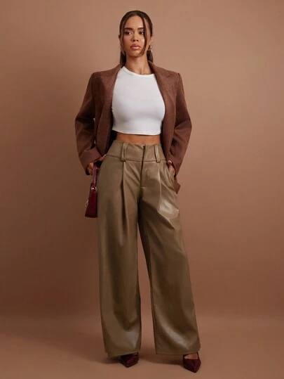 COSMINA Women's Solid Color Pleated Pocket PU Leather Wide Leg Loose Fashion Pants