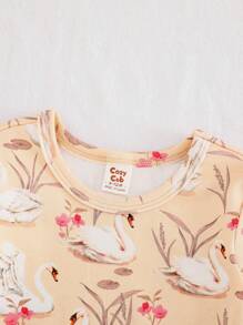 Cozy Pixies 2pcs Baby Girl Snug Fit Pajama Set, Cartoon Swan Pattern Knitted Soft Round Neck Long Sleeve Top And Pants - Apricot - View 5