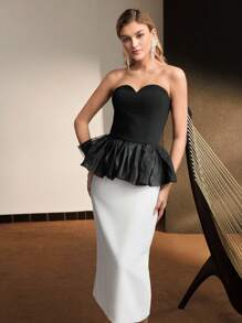 MOTF PREMIUM VESTIDO CÓCTEL TUBO CON CINTURA DE VOLANTES DE DOS TONOS - Blanco y Negro - Ver 5