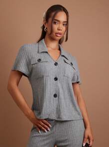 COSMINA Women 2pcs/Set Casual Solid Color Short Sleeve Top And Pants Set, Autumn - Grey - View 4