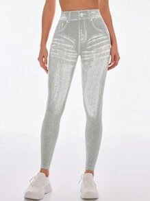 Gameset SHEIN Sport 女士时尚高腰紧身瑜伽紧身裤 - 淺灰色 - 查看 2