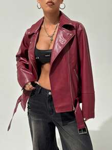 StreetHx Women's Belted Faux Leather Burgundy Red Long Sleeve Zipper Collar Loose Motorcycle Jacket, For Autumn&Winter - Burgundy - View 5