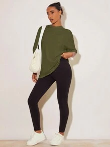 SHEIN BASICS 女士休闲纯色落肩宽松 T 恤，夏季 - 軍綠色 - 查看 5