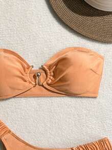 Swim SXY 1 件装女士纯色性感抹胸金属装饰比基尼套装夏季 - 棕色 - 查看 7