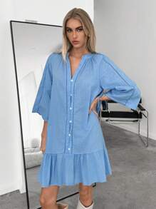 SHEIN Essnce Váy xếp nếp vải lanh mùa hè cho nữ - Màu xanh nhạt - Xem 4