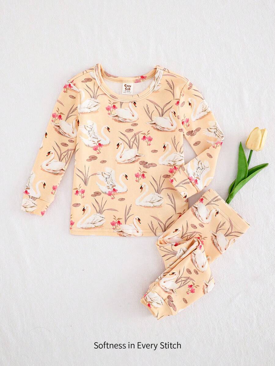 Cozy Pixies 2pcs Baby Girl Snug Fit Pajama Set, Cartoon Swan Pattern Knitted Soft Round Neck Long Sleeve Top And Pants - Apricot - View 1