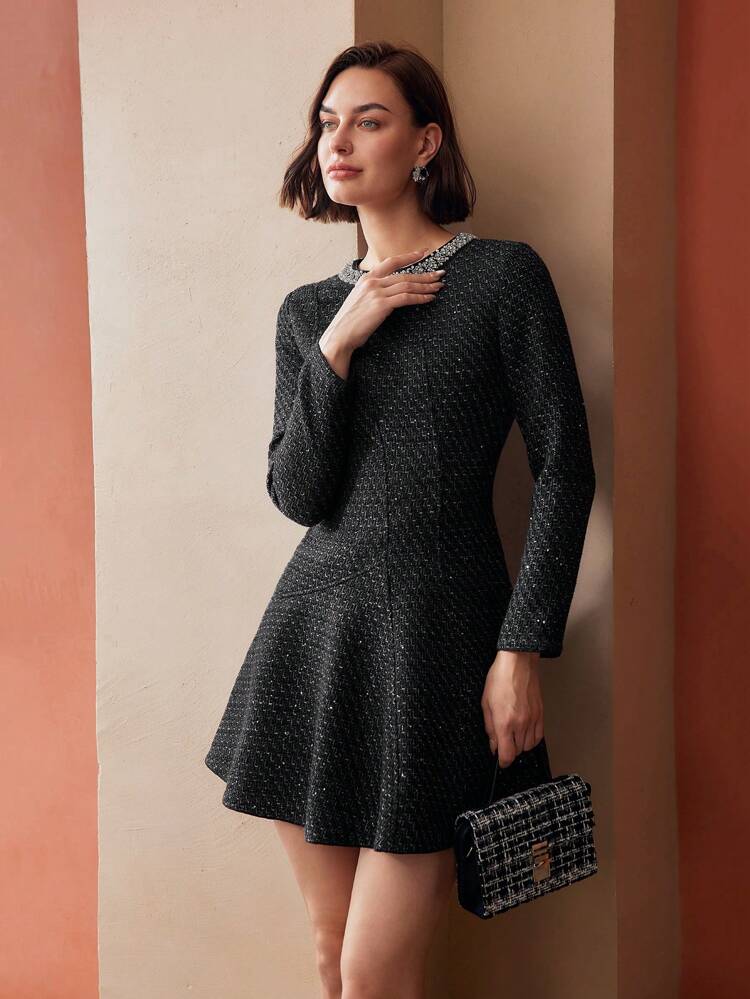 TWEED FAUX PEARL AND BEADED TRIM FLARE HEM SHORT DRESS