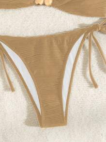 SHEIN Swim Metal Flower Decor Textured Bandeau Bikini Set For Women, Summer Beach - Khaki - View 4