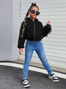 SHEIN Tween Girl Letter Graphic Drop Shoulder Hooded Teddy Jacket,In Fall/Winter - Black - View 6