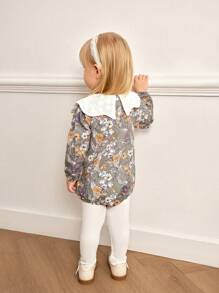 SHEIN Ensemble body et pantalon côtelé avec nœud au poignet pour bébé fille, style doux et mignon. Col claudine, imprimé vert, broderie, bas évasé. Tenue mode automne/hiver