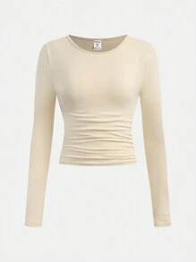 SHEIN Girlism 3pcs/Pack Tween Girls' Fitted Casual Solid Color Round Neck Ruched Long Sleeve T-Shirt Sets