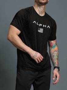 男友风男士圆领短袖字母与美国国旗印花运动 T 恤 - 黑色 - 查看 4