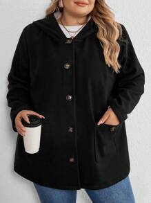 SHEIN CURVE+ Curve Plus 双口袋 正面纽扣 连帽 泰迪熊 内衬 大衣 - 黑與白 - 查看 4