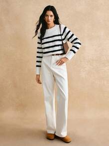 Poéselle Suéter a rayas en blanco y negro, suéter de mujer, suéter de mujer de cuello redondo de manga larga casual con jacquard a rayas para otoño/invierno, atuendos de mujer en otoño, ropa de mujer en invierno, piezas esenciales de otoño y invierno, cálido y cómodo, fácil de usar y combinar