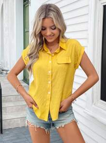 SHEIN LUNE Knotted Self-Tie Button-Front Shirt - Mustard Yellow - View 3