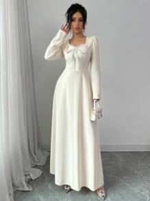 Modelyn 1pc Women Apricot Elegant Knit Faux Pearl Bowknot Waist A-Line Long Sleeve Dress Maxi Women Outfit Long Evening Dresses - Apricot - View 4