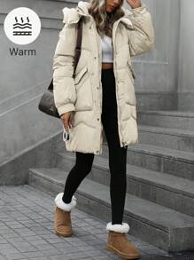Aveloria Minimalist Hooded Mid-Length Loose Fit Parka With Large PocketsPadded Insulated Polyfill Synthetic Insulation Winter Coat Winter Jacket Jacket Coat For Winter Clothes - Beige - View 1