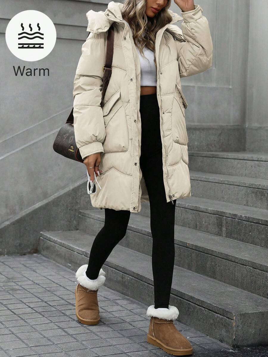 Aveloria Minimalist Hooded Mid-Length Loose Fit Parka With Large PocketsPadded Insulated Polyfill Synthetic Insulation Winter Coat Winter Jacket Jacket Coat For Winter Clothes - Beige - View 1