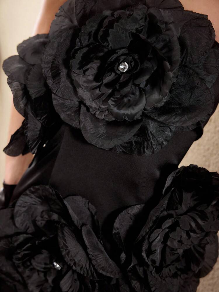 SOLID BIG STEREO FLOWER DETAIL PARTY TUBE DRESS