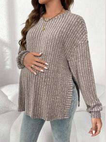 SHEIN 孕妇休闲百搭纯色罗纹蝙蝠袖宽松 T 恤，侧开衩下摆，春/秋 - 棕色 - 查看 4