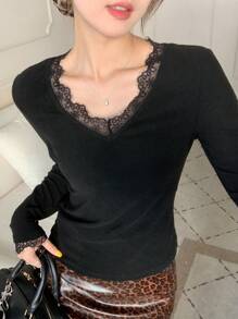 DAZY Women Casual Plain Color Lace Trim Mix Long Sleeve T-Shirt, Autumn/Winter