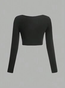 SHEIN EZwear Camiseta de manga larga ajustada de cuello redondo tejida en colores múltiples para mujer - Negro - Ver 3