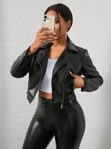 BamGleam Reißverschluss PU Leder Moto Jacke