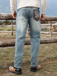 Manfinity Homme 男士基本款前扣口袋牛仔裤，日常休闲装，纯色修身长款水洗浅蓝色工装牛仔裤，适合送给丈夫、男朋友的礼物 - 藍色 - 查看 2