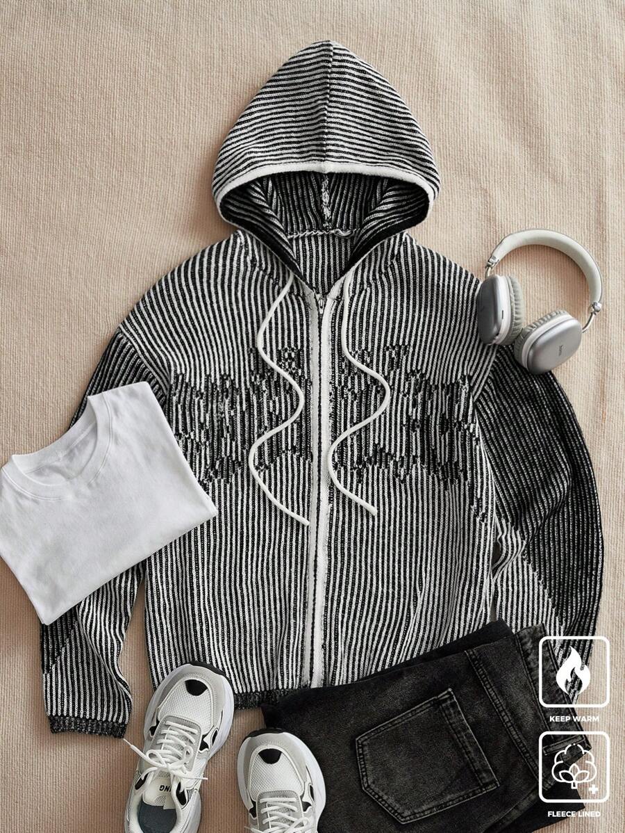 Claim Dot Men's Striped Print Hooded Zip-Up Cardigan - Black and White - View 1