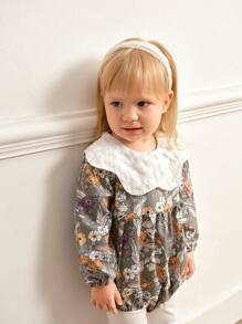 SHEIN Ensemble body et pantalon côtelé avec nœud au poignet pour bébé fille, style doux et mignon. Col claudine, imprimé vert, broderie, bas évasé. Tenue mode automne/hiver