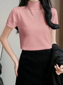 EMERY ROSE Women Solid Color Turtleneck Fitted Pullover Short Sleeve Knit Top, Autumn & Winter - Baby Pink - View 4