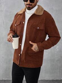 Manfinity Homme 男士翻领长袖夹克，秋季男装，冬季男士夹克，保暖夹克，毛领，棕色灯芯绒材质夹克 - 棕色 - 查看 4